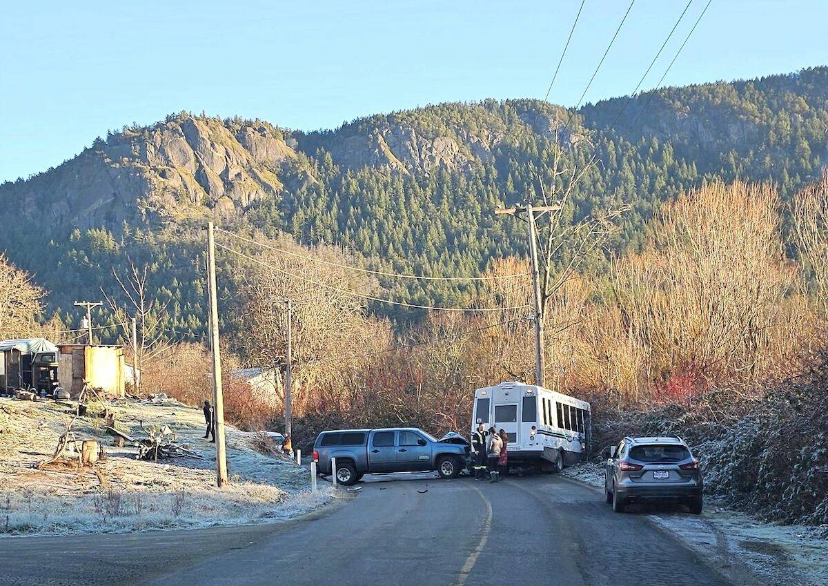 A bus crash on Tzouhalem Road Thursday morning caused minor injuries; the bus sustained serious damage. (Robert Rice photo)