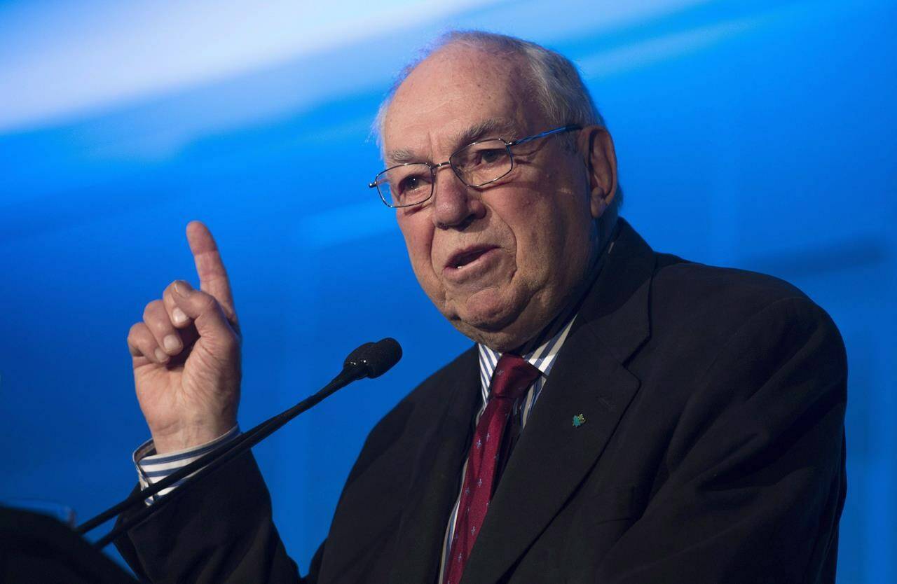 Former NDP leader Ed Broadbent delivers remarks at the start of the Progress summit in Ottawa, Friday April 1, 2016. Broadbent has died at age 87, says the institute he founded. THE CANADIAN PRESS/Adrian Wyld