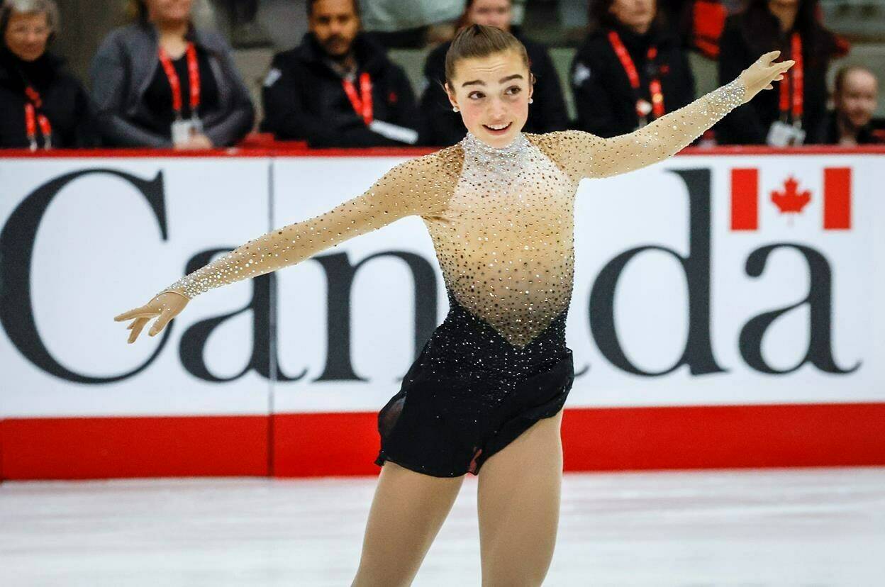 Kaiya Ruiter, of Alberta, skates during the senior women free program at the Canadian figure skating championships in Calgary, Saturday, Jan. 13, 2024.THE CANADIAN PRESS/Jeff McIntosh