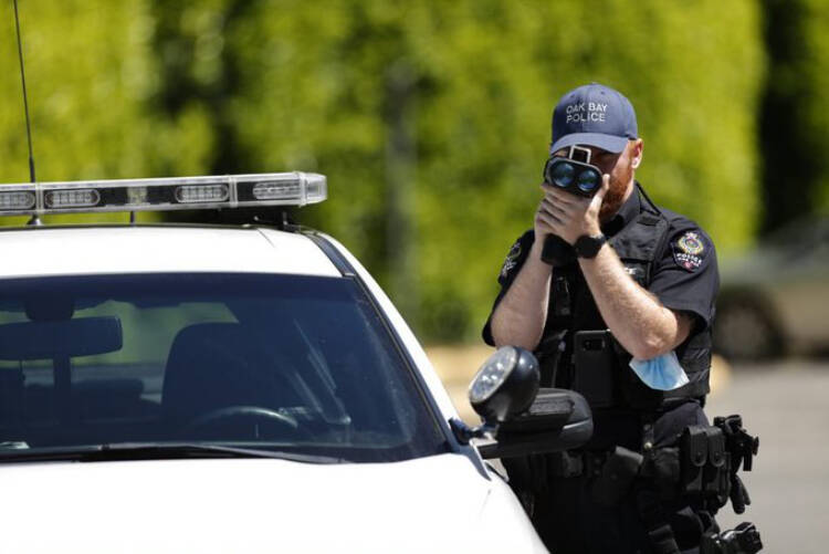 FILE - Oak Bay Police Department ticketed a 21-year-old driver for going more than double the speed limit in a 40 km/h zone on Jan. 14. (Oak Bay Police/X)