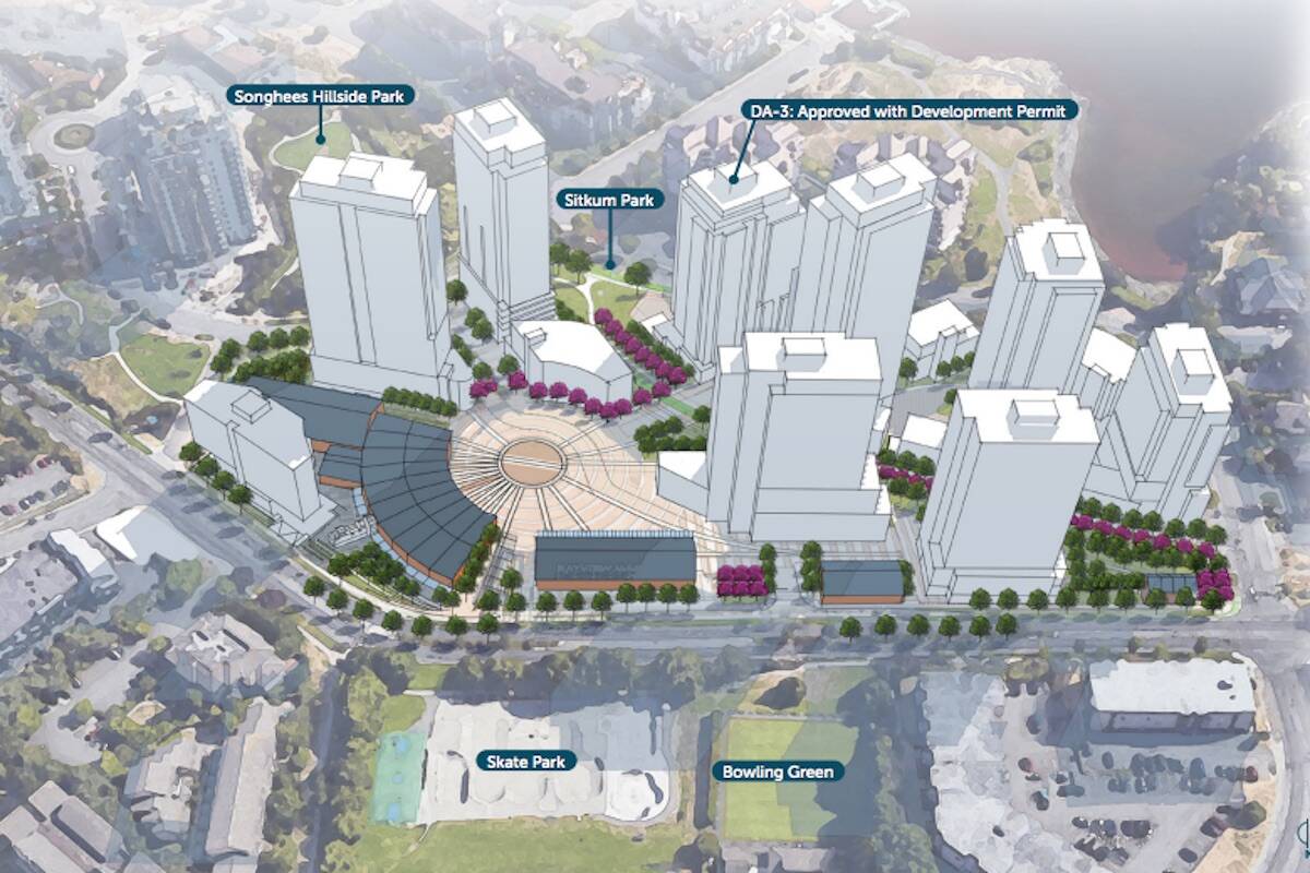 Updated plans presented to council on Oct. 26 show the new orientation of towers in the Roundhouse at Bayview Place proposal. (Courtesy of Focus Equities)