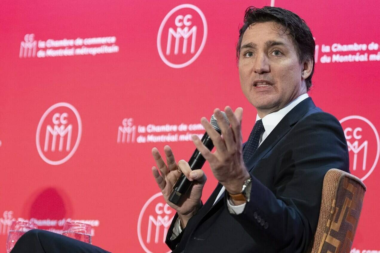 Prime Minister Justin Trudeau speaks to members of the Chamber of Commerce of Metropolitan Montreal, Tuesday, Jan. 16, 2024, in Montreal. THE CANADIAN PRESS/Christinne Muschi