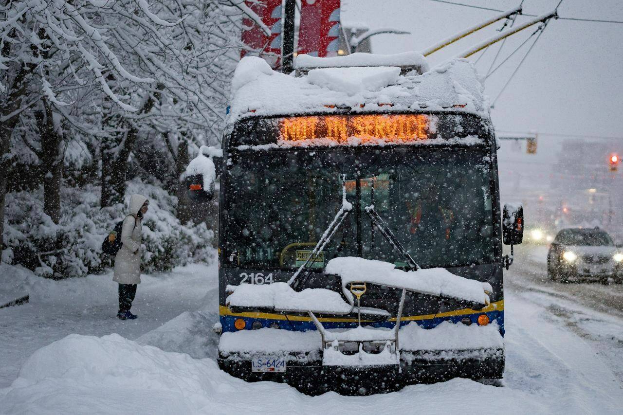 A person waits for an out of service bus during a snowstorm in Vancouver Wednesday, Jan. 17, 2024. THE CANADIAN PRESS/Ethan Cairns