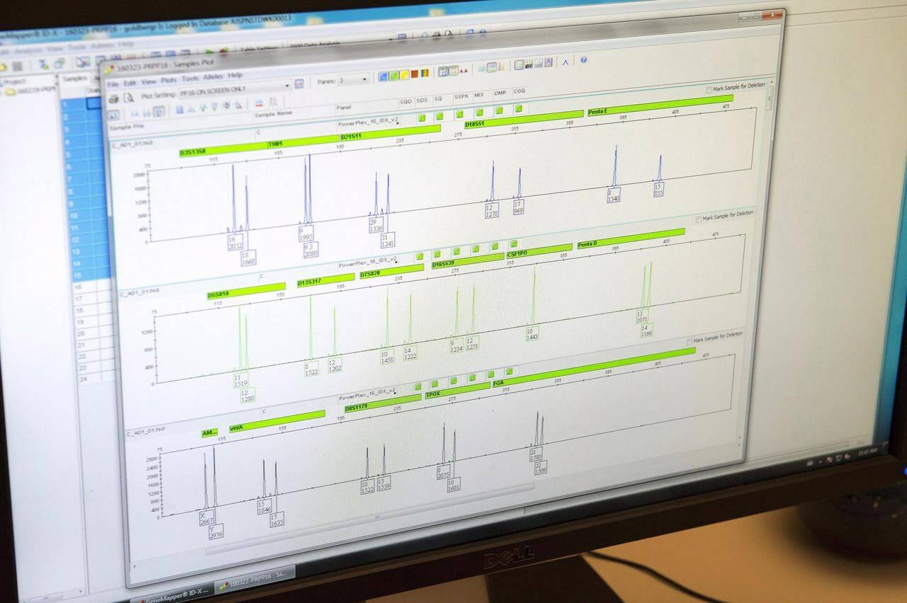 Forensic genealogy is still in the research and development phase, and while its value is clear for solving crime, the ethics debate has a long way to go, says an expert in the field. DNA data is displayed at the Centre of Forensic Sciences in Toronto on Wednesday, March 23, 2016. THE CANADIAN PRESS/Frank Gunn