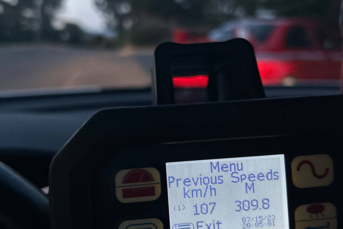 Oak Bay police issue two tickets in two days last summer to drivers going double the speed limit on Beach Drive. (Oak Bay Police/X)