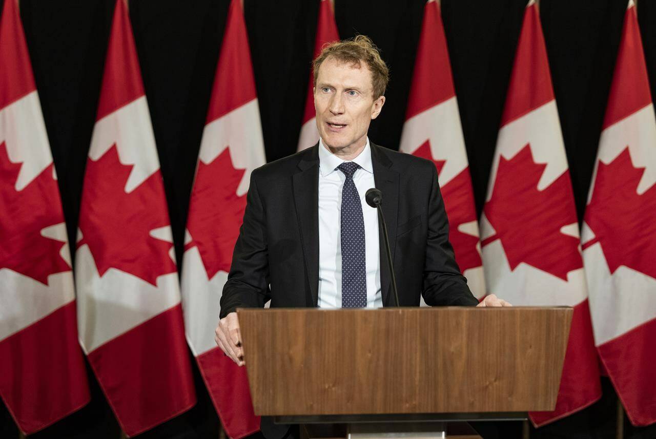 Minister of Immigration, Refugees and Citizenship Marc Miller speaks to the media during the federal cabinet retreat in Montreal, Monday, Jan. 22, 2024. THE CANADIAN PRESS/Christinne Muschi