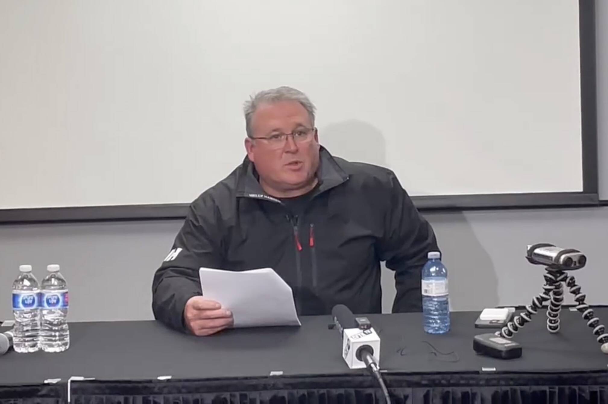 John Forrest, co-owner of Northern Escape Heli-Skiing, during a news conference in Terrace on Tuesday, Jan. 23, 2024. (Prabhnoor Kaur/Terrace Standard)