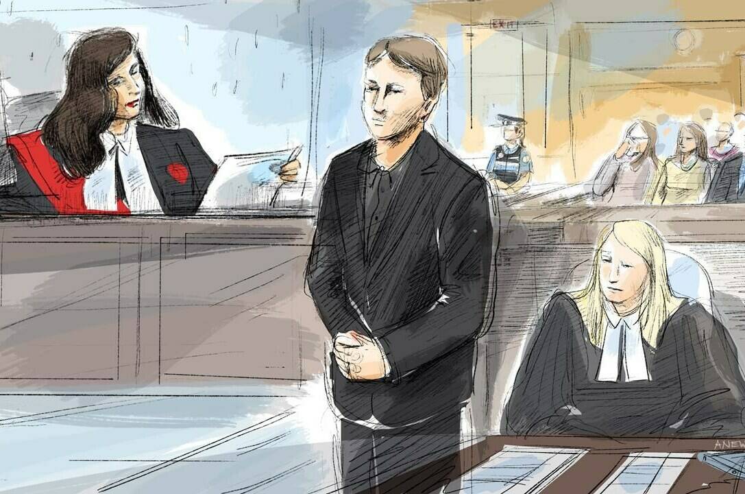 Justice Renee Pomerance, left to right, Nathaniel Veltman, and Crown Prosecutor Kim Johnson are seen as the verdict is read in the Superior Court of Justice in Windsor, Ont., in a courtroom sketch made on Thursday, Nov. 16, 2023. THE CANADIAN PRESS/Alexandra Newbould